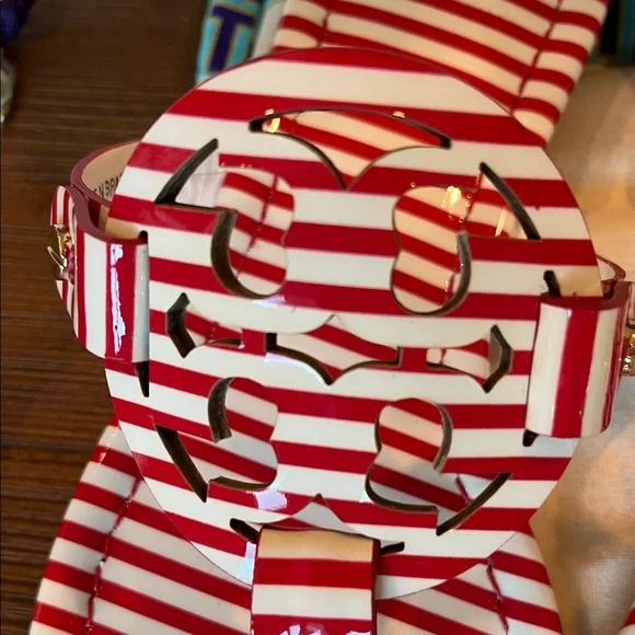 NWOB Tory Burch Patent Leather Miller Sandal Striped Nautical Red White - Picture 3 of 9